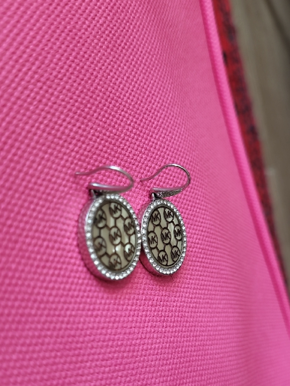 Michael Kors Silver-Tone Crystal Rim Mother-of-Pearl Logo Drop Earrings - Picture 9 of 9